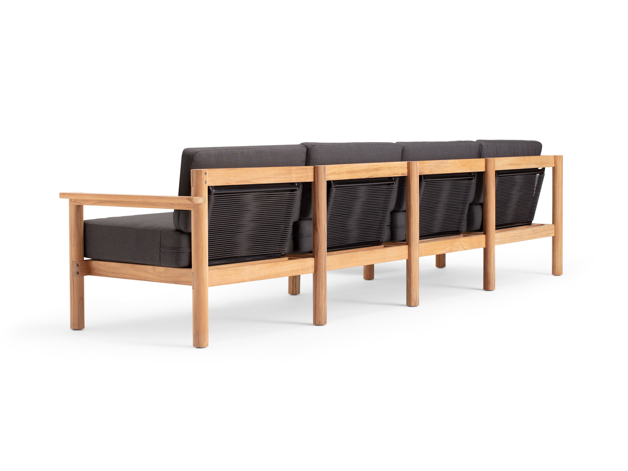 Back angle view of 5-piece outdoor sectional with black cushions